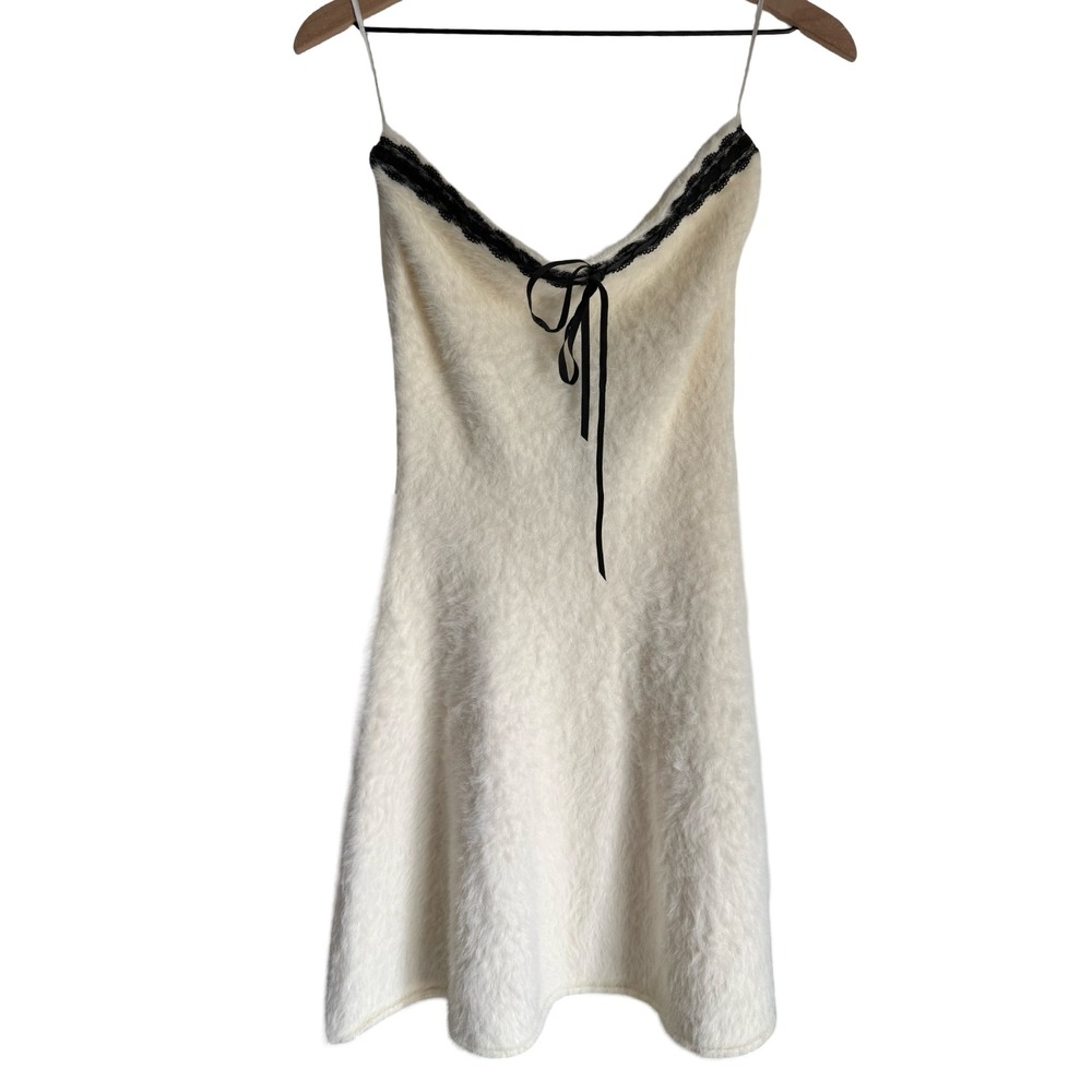 Lulus Cream Fuzzy Eyelash Knit Mini Dress Black Lace Trim Ribbon Tie Medium NEW - Picture 3 of 6